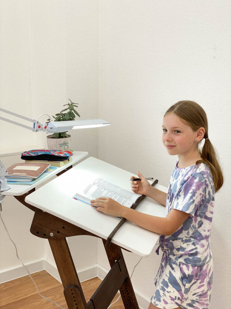 Письменный стол «Добрыня детский (Ладная)» для работы стоя с регулировкой высоты и наклона столешницы на рост 100-160 см