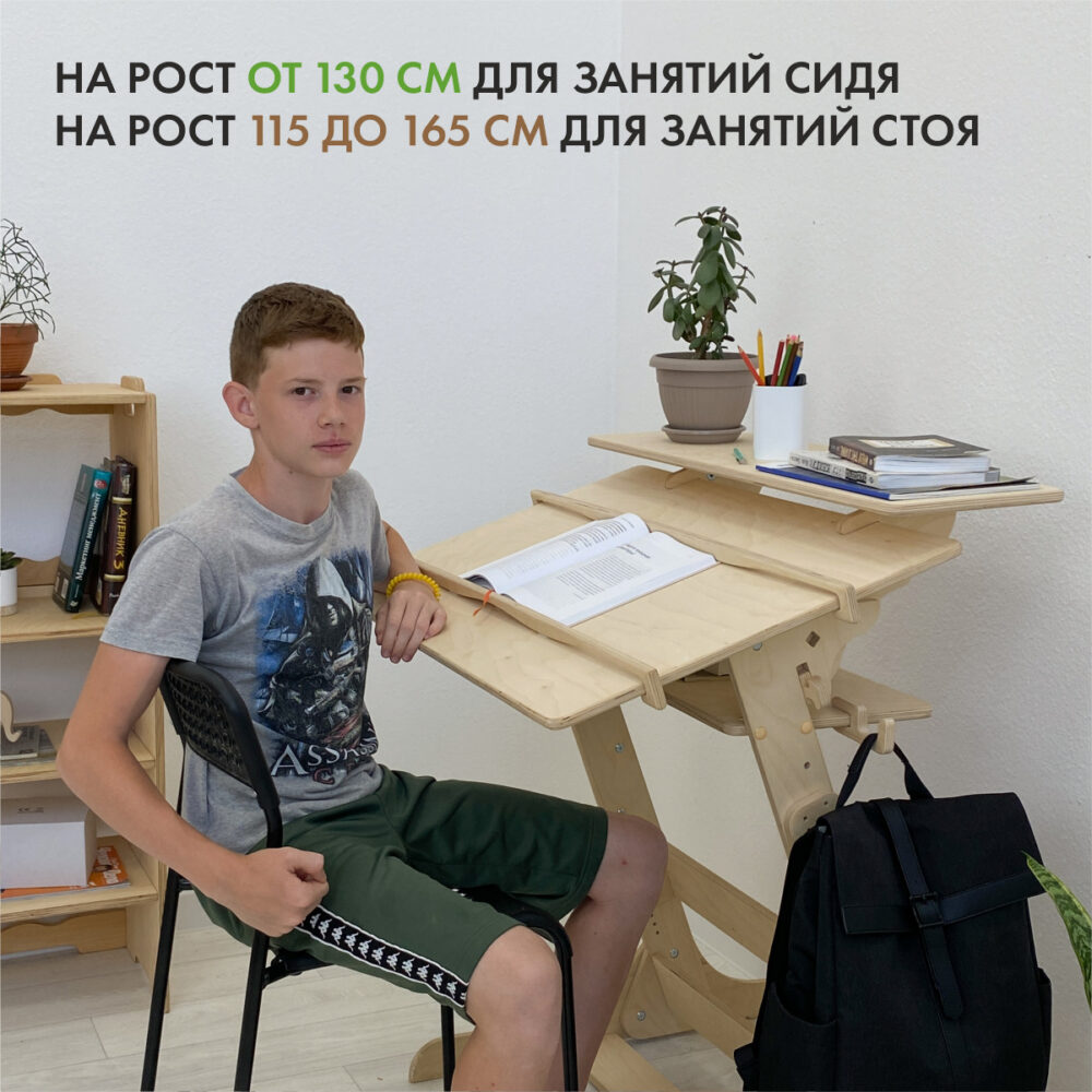 Конторка «Хронос» для учебы стоя и сидя на рост 115-165 см, покрыта Прозрачным маслом